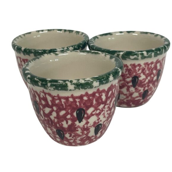 Henn Pottery Handpainted Ceramic Custard Cups Watermelon Spongeware - Picture 4 of 6